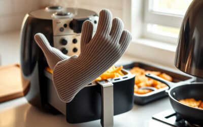 Silicone oven mitts lifting a hot air fryer basket in a modern kitchen