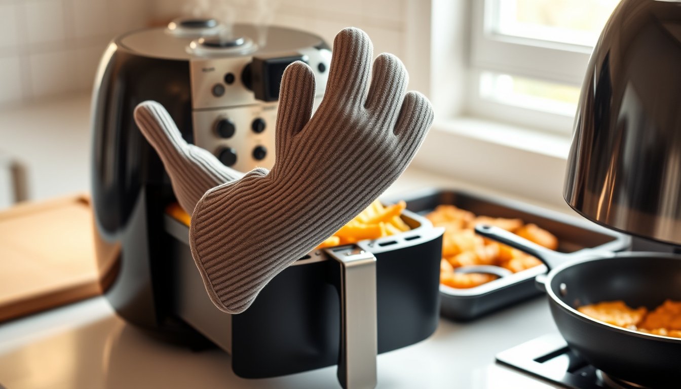 Silicone oven mitts lifting a hot air fryer basket in a modern kitchen