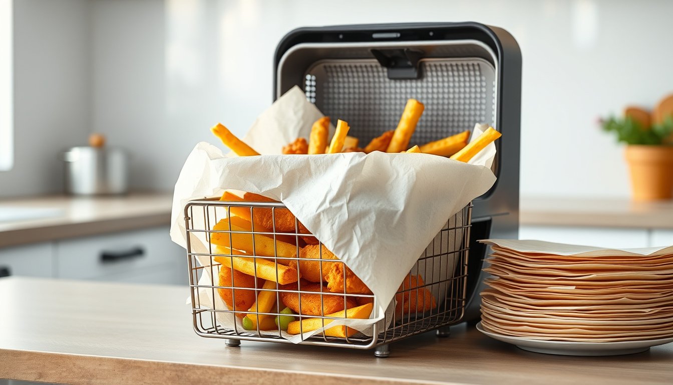 Air fryer basket with perforated parchment liner and crispy food on a kitchen counter