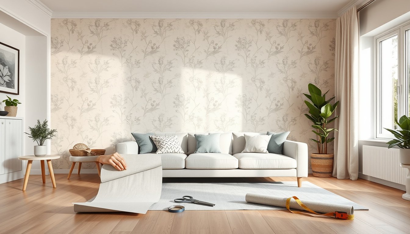 Peel-and-stick wallpaper being applied to a bright modern accent wall