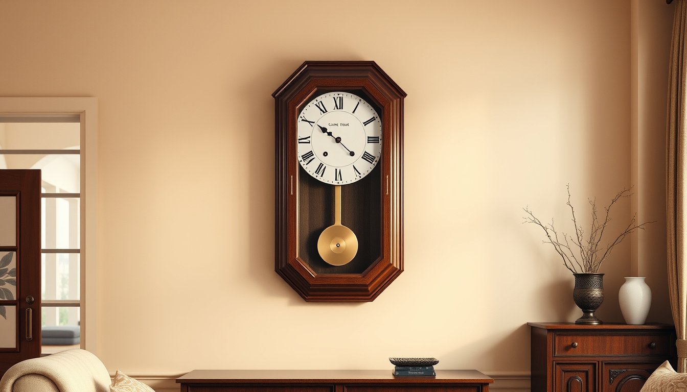Classic wooden pendulum wall clock in a warm traditional living room