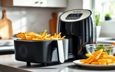 PFAS-free air fryer with crispy food on a bright modern kitchen counter