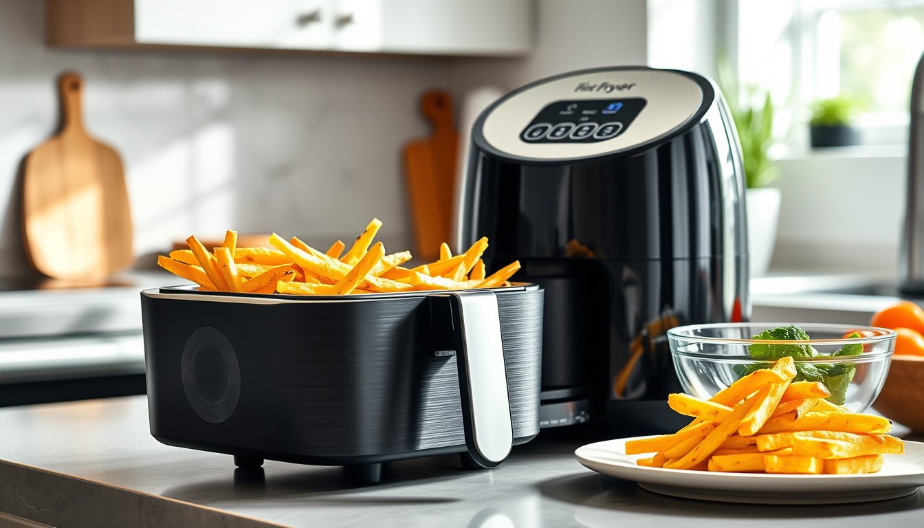 PFAS-free air fryer with crispy food on a bright modern kitchen counter