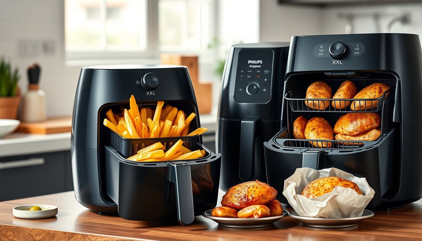 Two modern air fryers on a kitchen counter with crispy fries, vegetables, and chicken.
