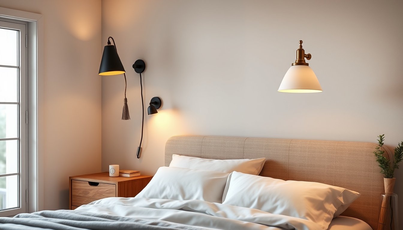 Plug-in wall sconces illuminating a cozy modern bedside reading area
