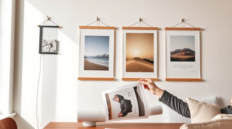 Magnetiska posterhängare med träramar på en modern vardagsrumsvägg