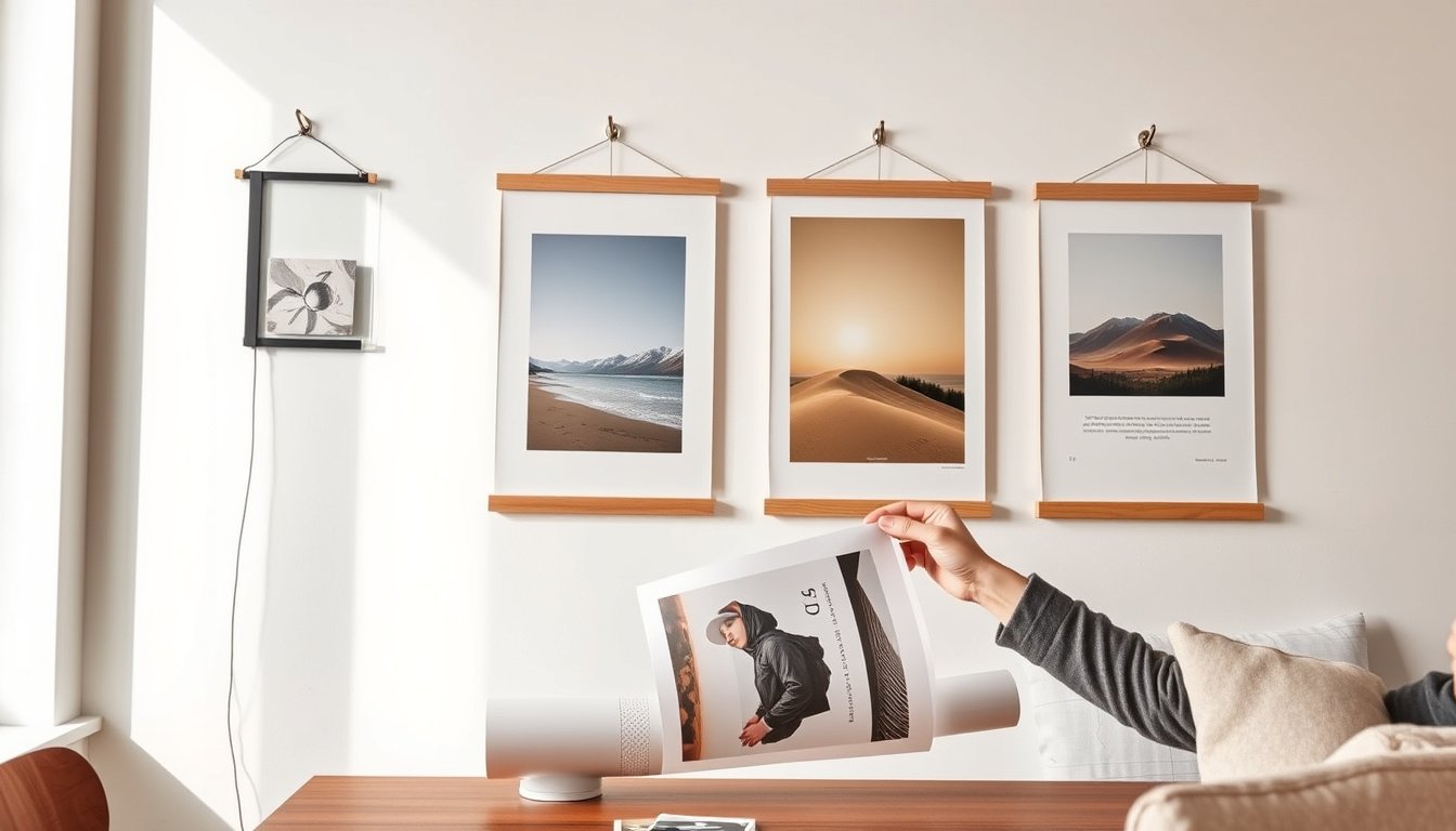 Magnetiska posterhängare med träramar på en modern vardagsrumsvägg