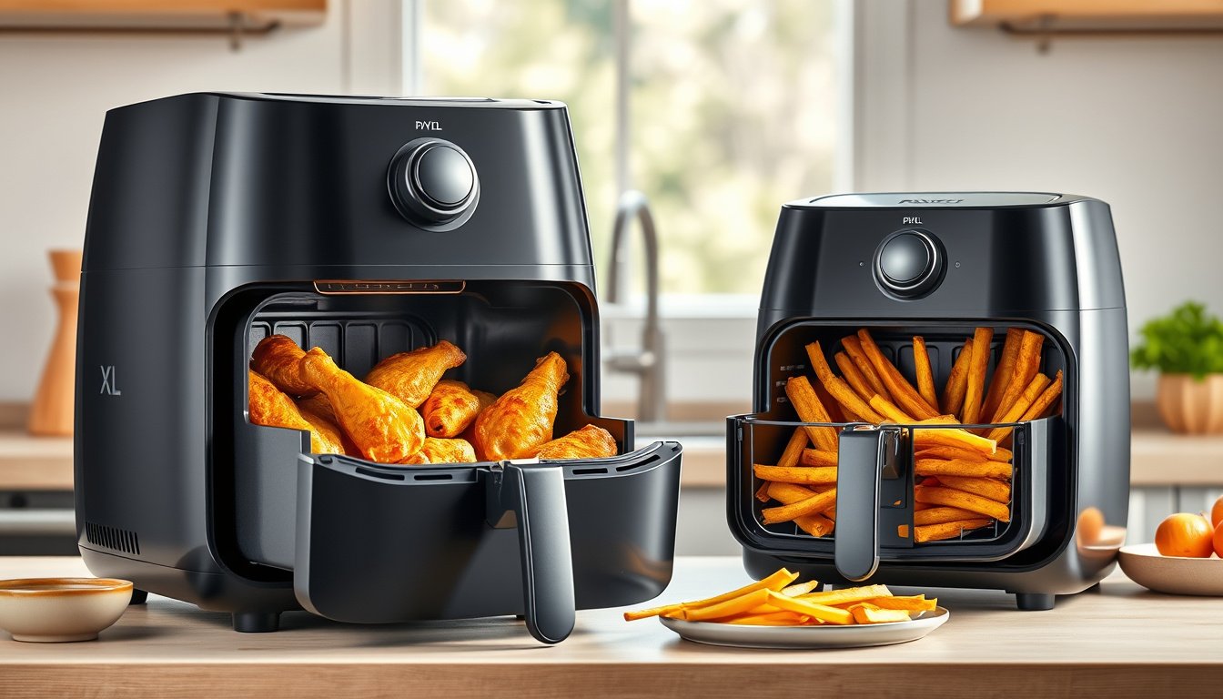 Two air fryers on a kitchen counter with crispy wings, fries, and roasted vegetables