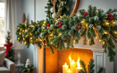 Pre-lit Christmas garland with berries and pine cones draped on a fireplace mantel