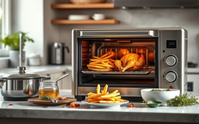 Premium stainless steel air fryer toaster oven cooking crispy food on a modern kitchen counter