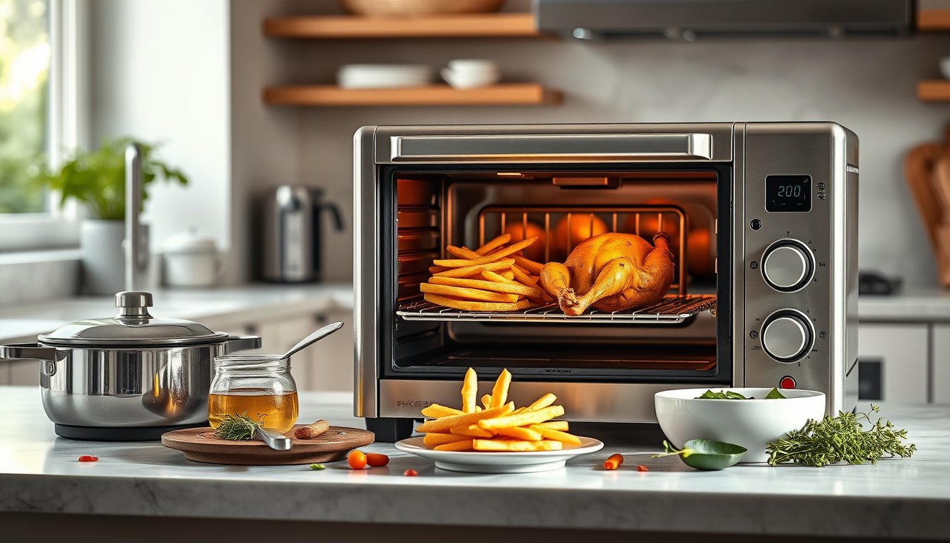 Premium stainless steel air fryer toaster oven cooking crispy food on a modern kitchen counter