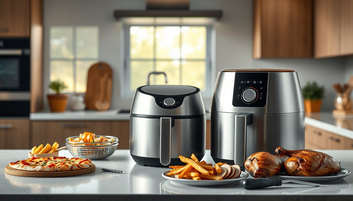 Premium air fryer on a kitchen counter with crisp pizza, fries, vegetables, and roast chicken