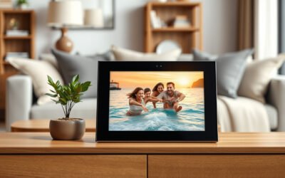 Premium digital picture frame displaying a family photo on a stylish living room console