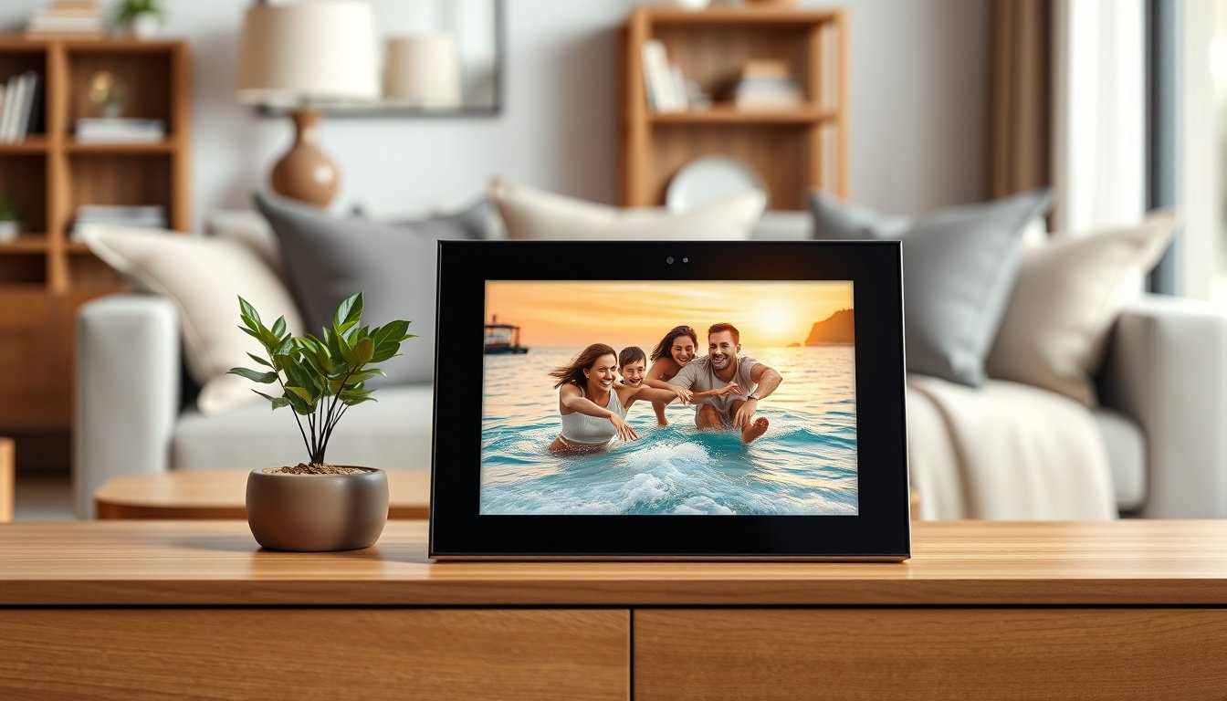 Premium digital picture frame displaying a family photo on a stylish living room console