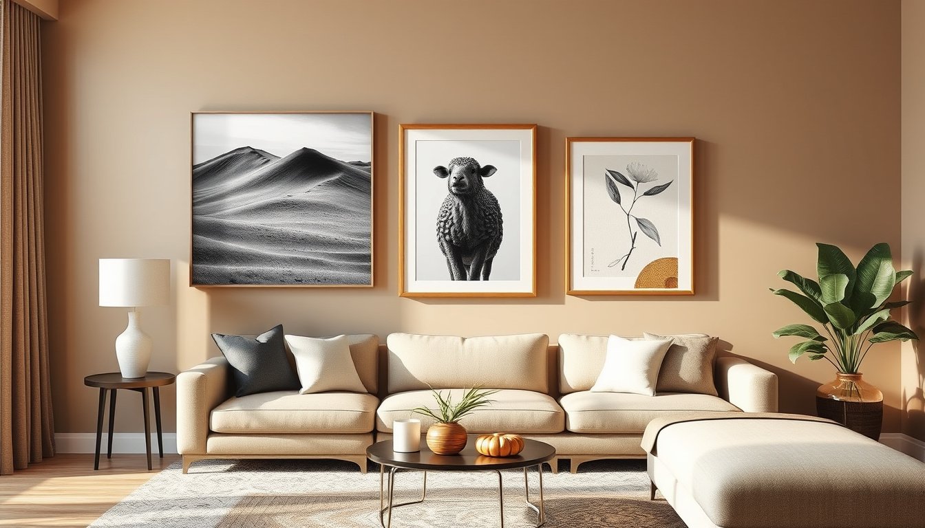 Premium framed art prints displayed on a stylish living room wall above a sofa
