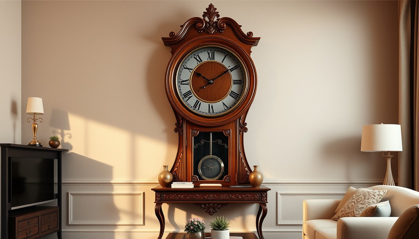 Premium wooden wall clock with pendulum in an elegant living room