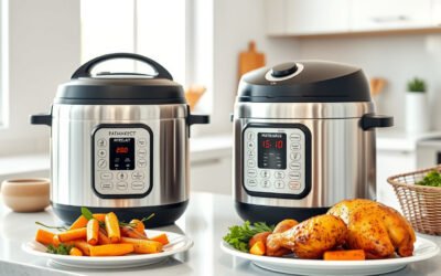 Two stainless pressure cooker air fryer combos with crispy food on a bright kitchen counter