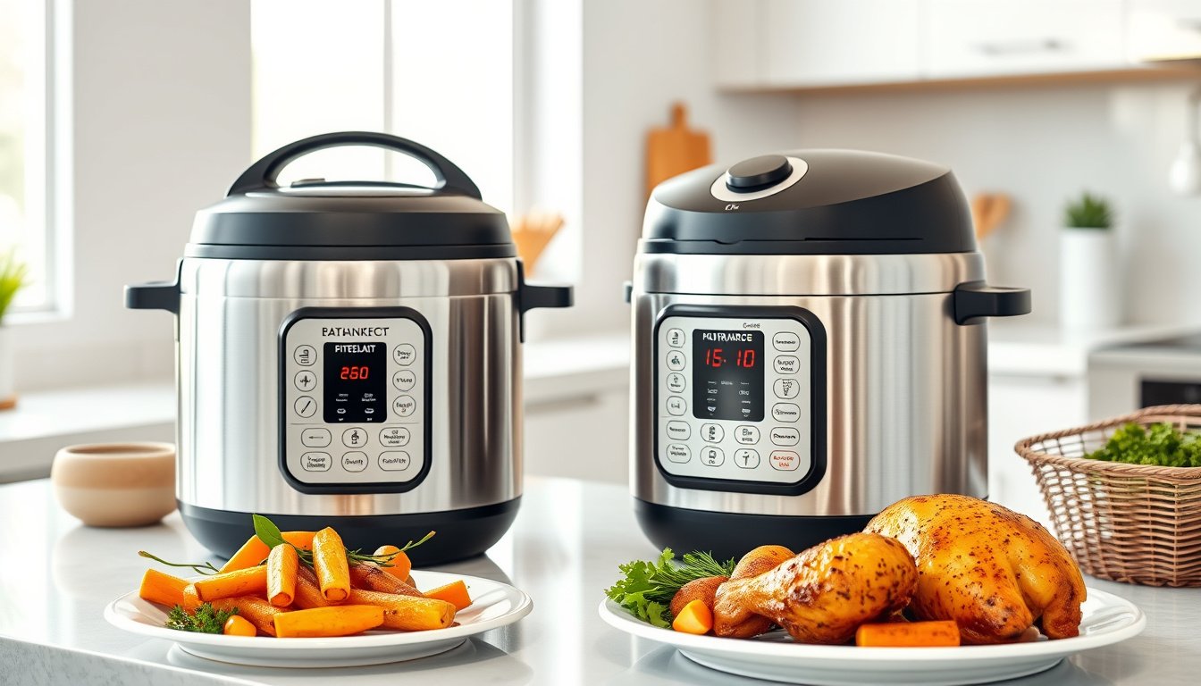 Two stainless pressure cooker air fryer combos with crispy food on a bright kitchen counter