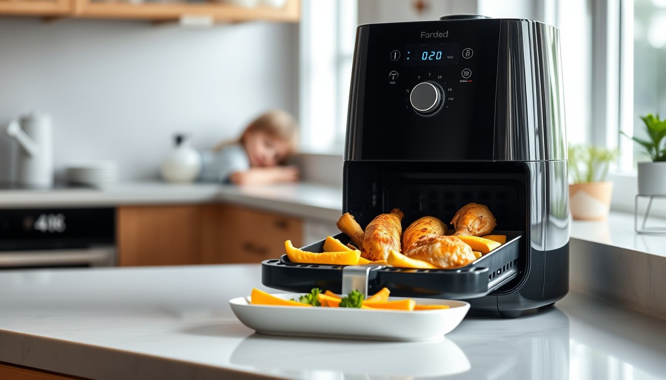Quiet air fryer cooking food on a calm modern kitchen counter