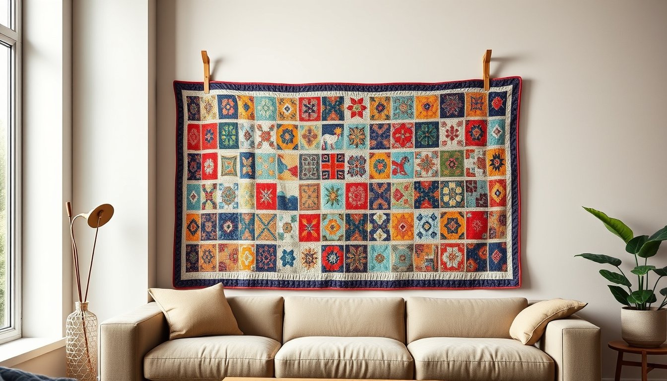 Colorful quilt displayed on a wall with discreet wooden quilt hangers in a warm modern room