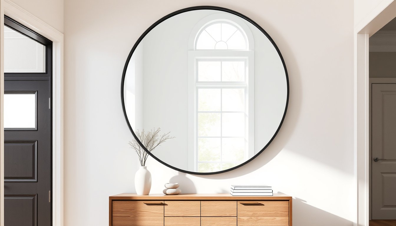 Round wall mirror above a console in a bright modern entryway