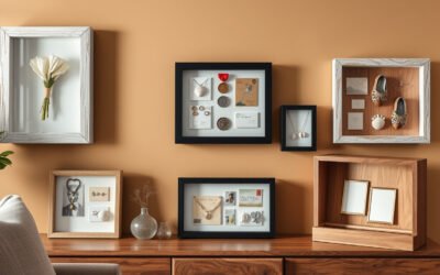 Shadow boxes displaying keepsakes on a stylish living room wall