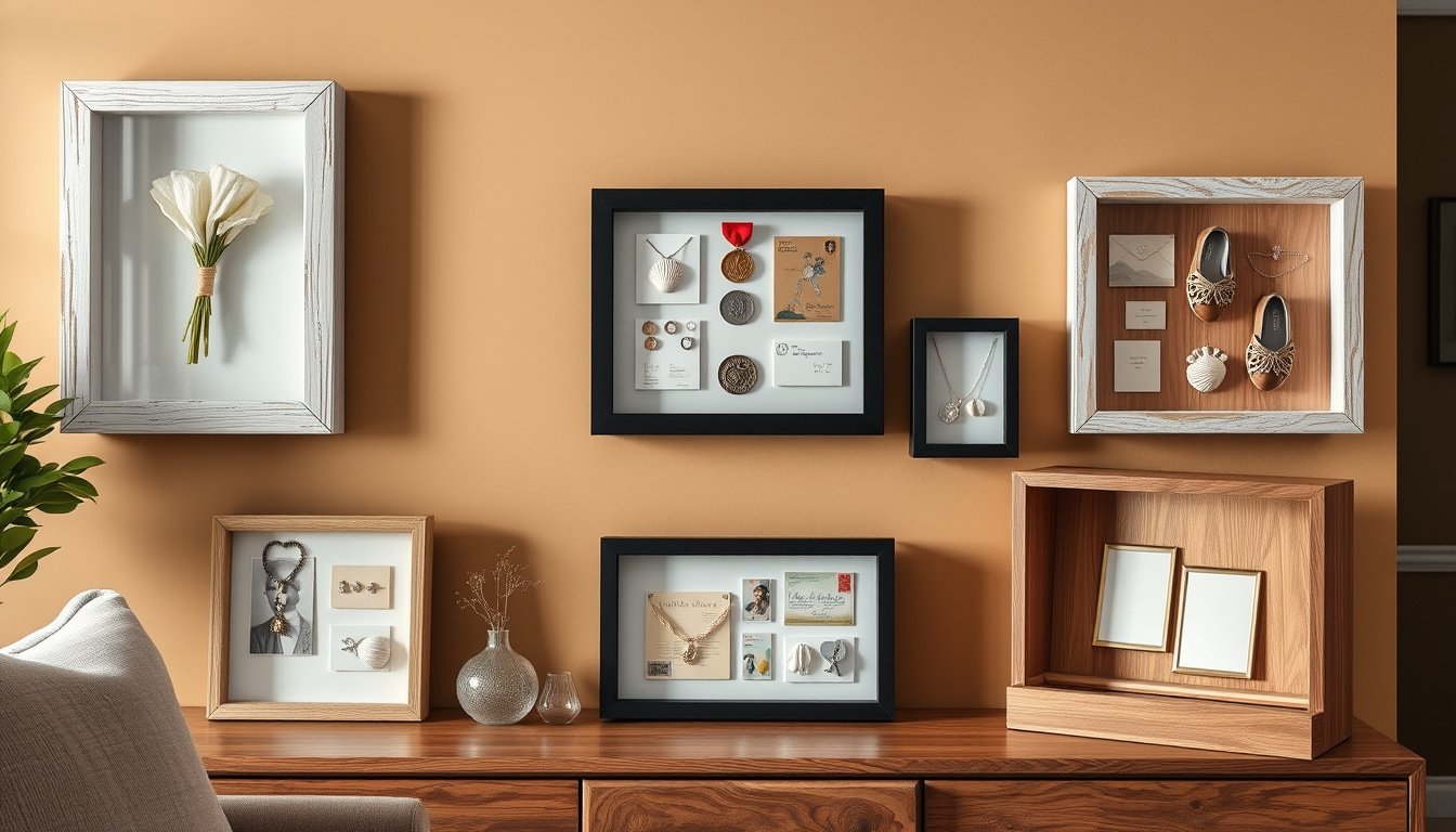 Shadow boxes displaying keepsakes on a stylish living room wall