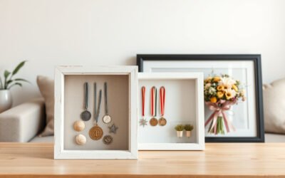 Shadow box frames displaying keepsakes on a tabletop in natural light