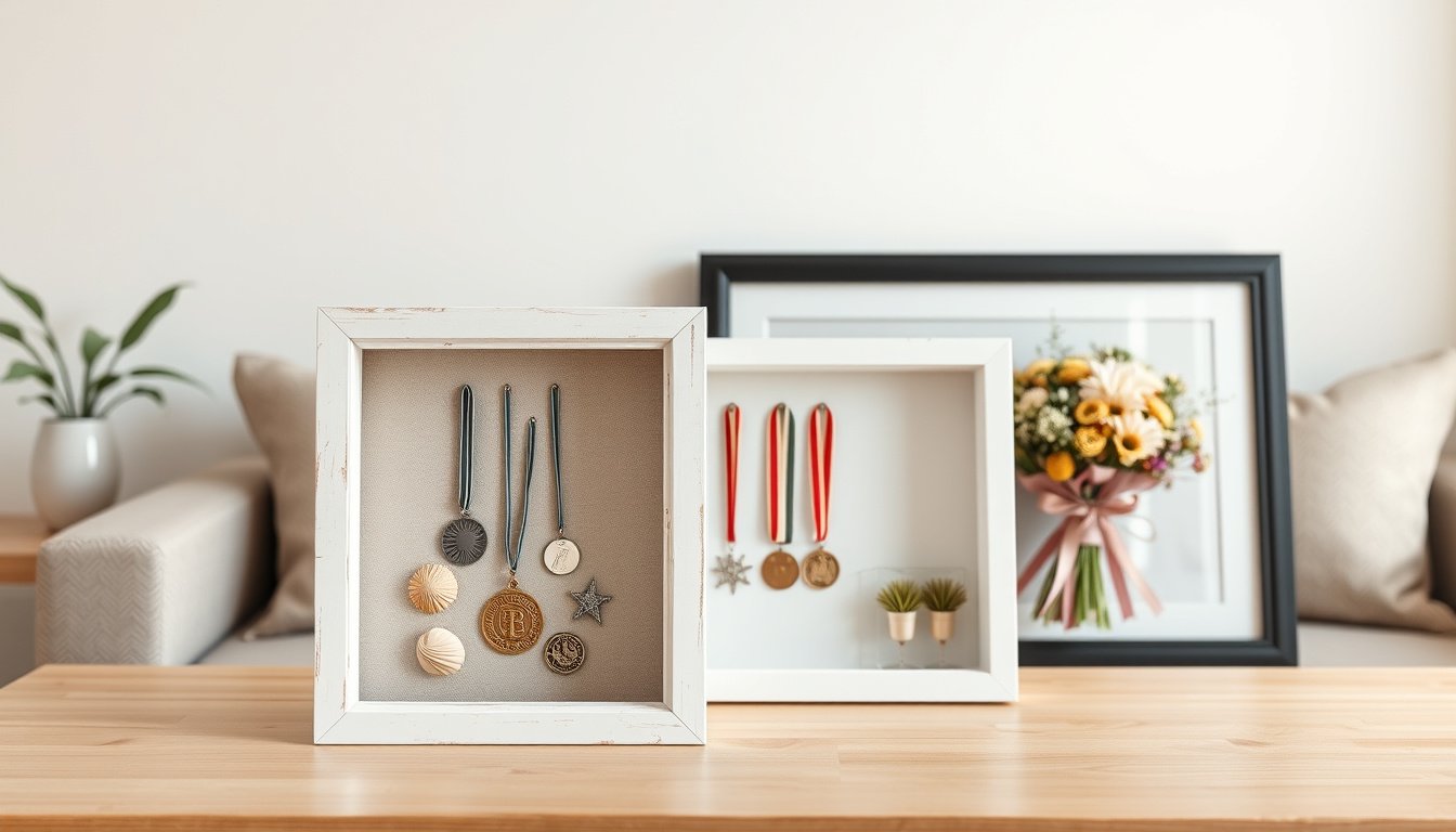 Shadow box frames displaying keepsakes on a tabletop in natural light