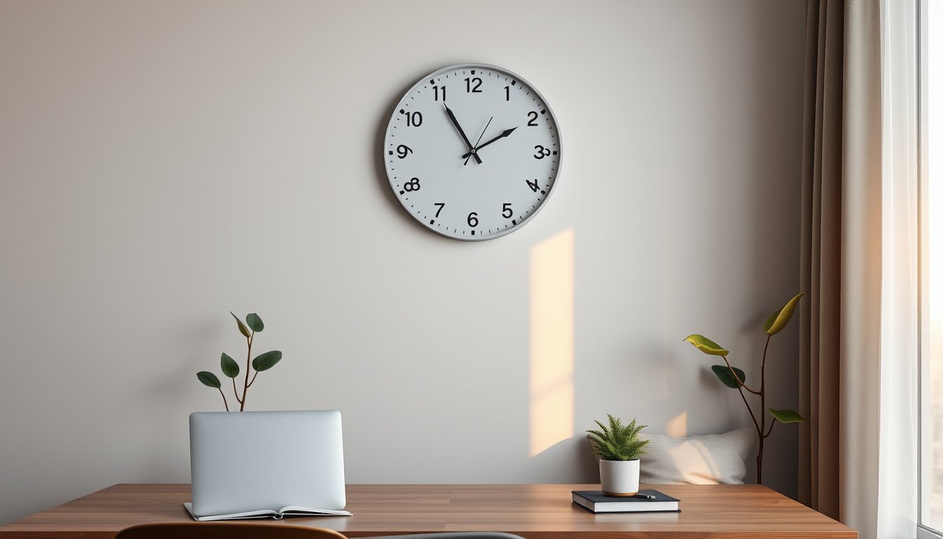 Silent wall clock in a calm modern home office with natural light