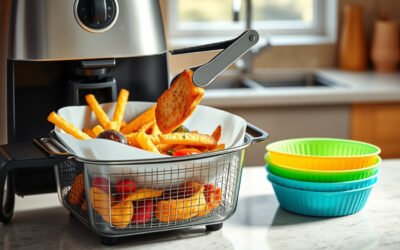 Air fryer basket with silicone liner holding crispy food on a clean kitchen counter