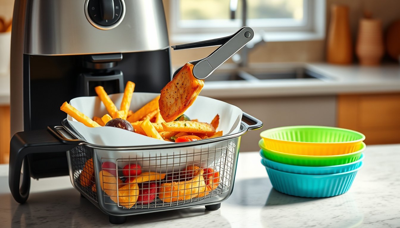 Air fryer basket with silicone liner holding crispy food on a clean kitchen counter