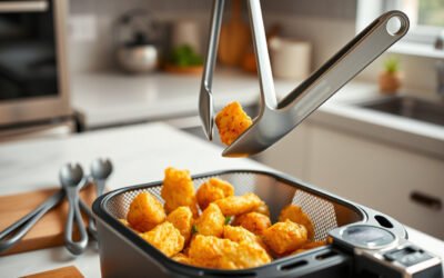 Silicone tongs lifting crispy food from an air fryer basket