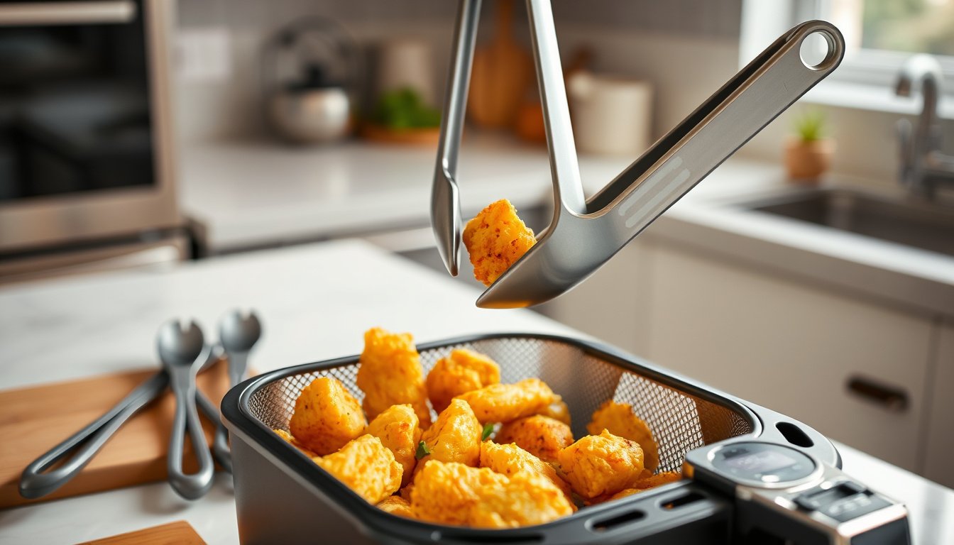 Silicone tongs lifting crispy food from an air fryer basket