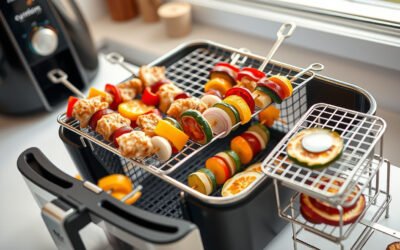 Air fryer rack with skewers cooking colorful kebabs on a kitchen countertop