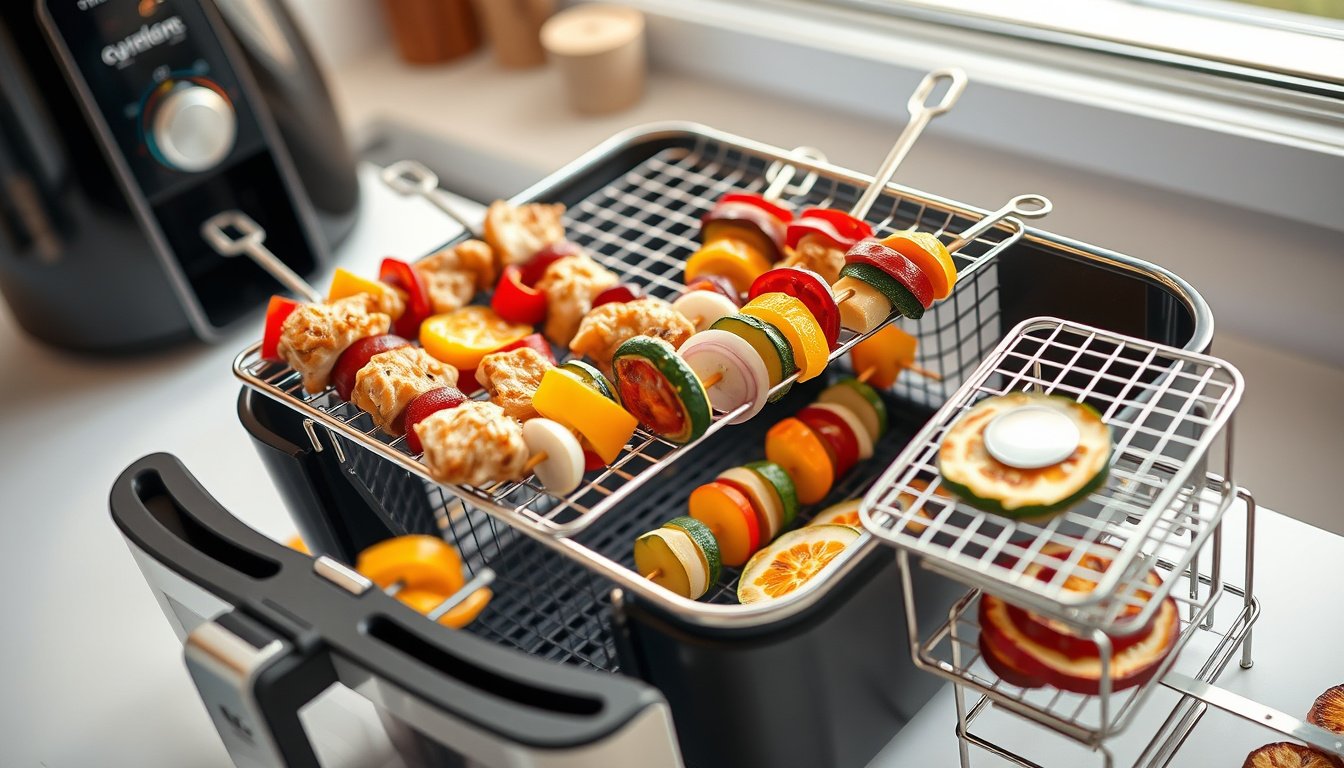 Air fryer rack with skewers cooking colorful kebabs on a kitchen countertop