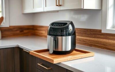 Air fryer pulled forward on a bamboo sliding tray under kitchen cabinets