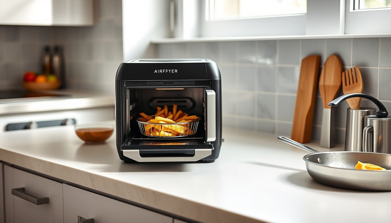 Compact air fryer toaster oven on a small kitchen counter with crispy food inside