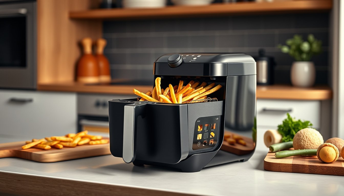 Compact air fryer on a small kitchen counter with crispy fries and vegetables
