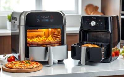 Smart air fryers on a kitchen counter cooking fries, chicken, and pizza