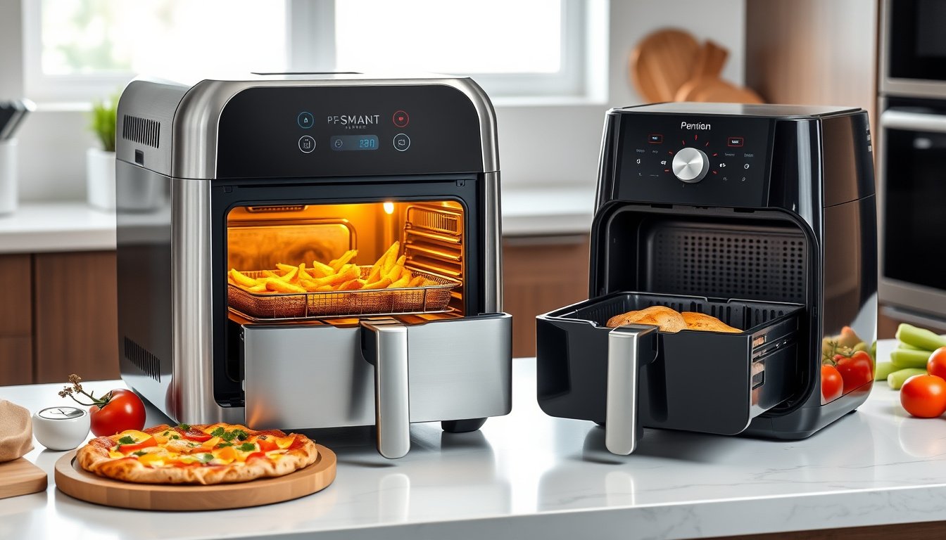 Smart air fryers on a kitchen counter cooking fries, chicken, and pizza