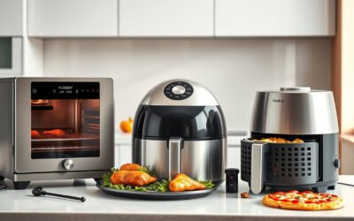 Three smart air fryers on a modern kitchen counter with crispy chicken, vegetables, pizza, and a temperature probe.