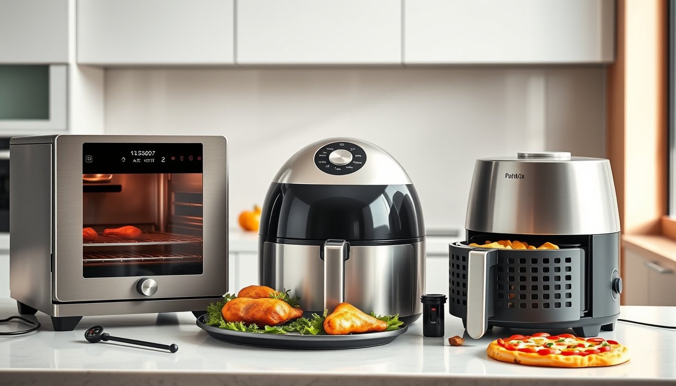 Three smart air fryers on a modern kitchen counter with crispy chicken, vegetables, pizza, and a temperature probe.