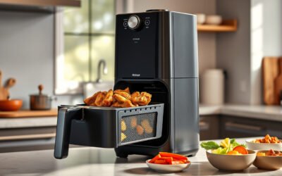 Stacked dual-basket air fryer cooking chicken and vegetables on a modern kitchen counter
