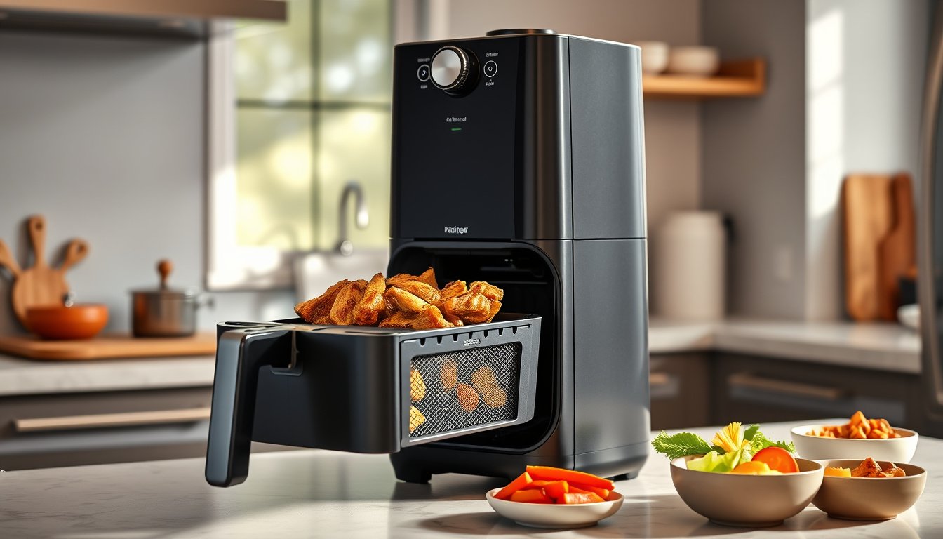 Stacked dual-basket air fryer cooking chicken and vegetables on a modern kitchen counter
