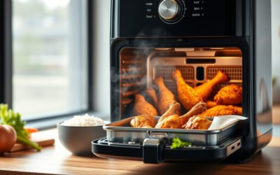 Steam air fryer cooking crispy chicken wings and vegetables on a kitchen counter