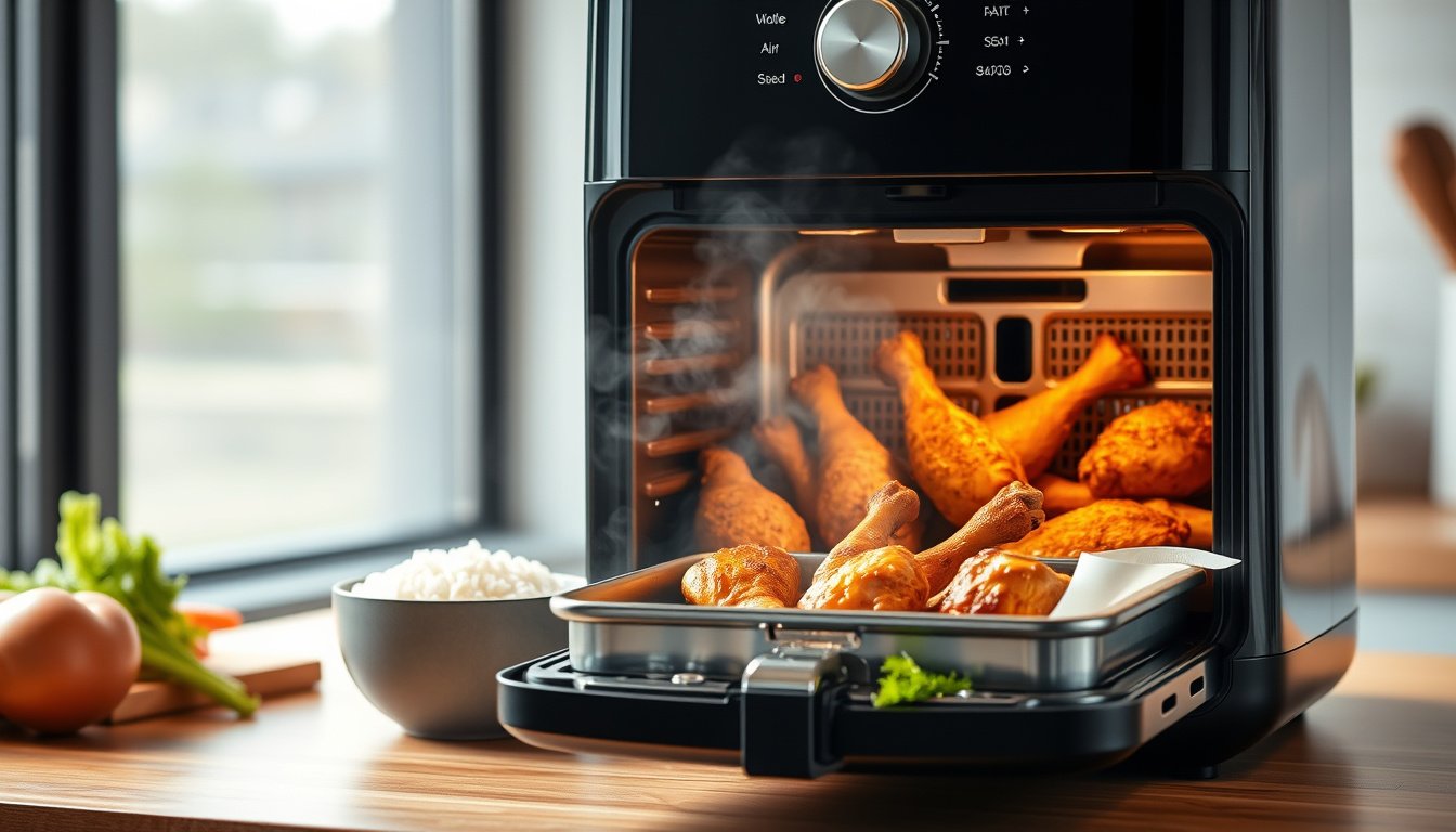 Steam air fryer cooking crispy chicken wings and vegetables on a kitchen counter