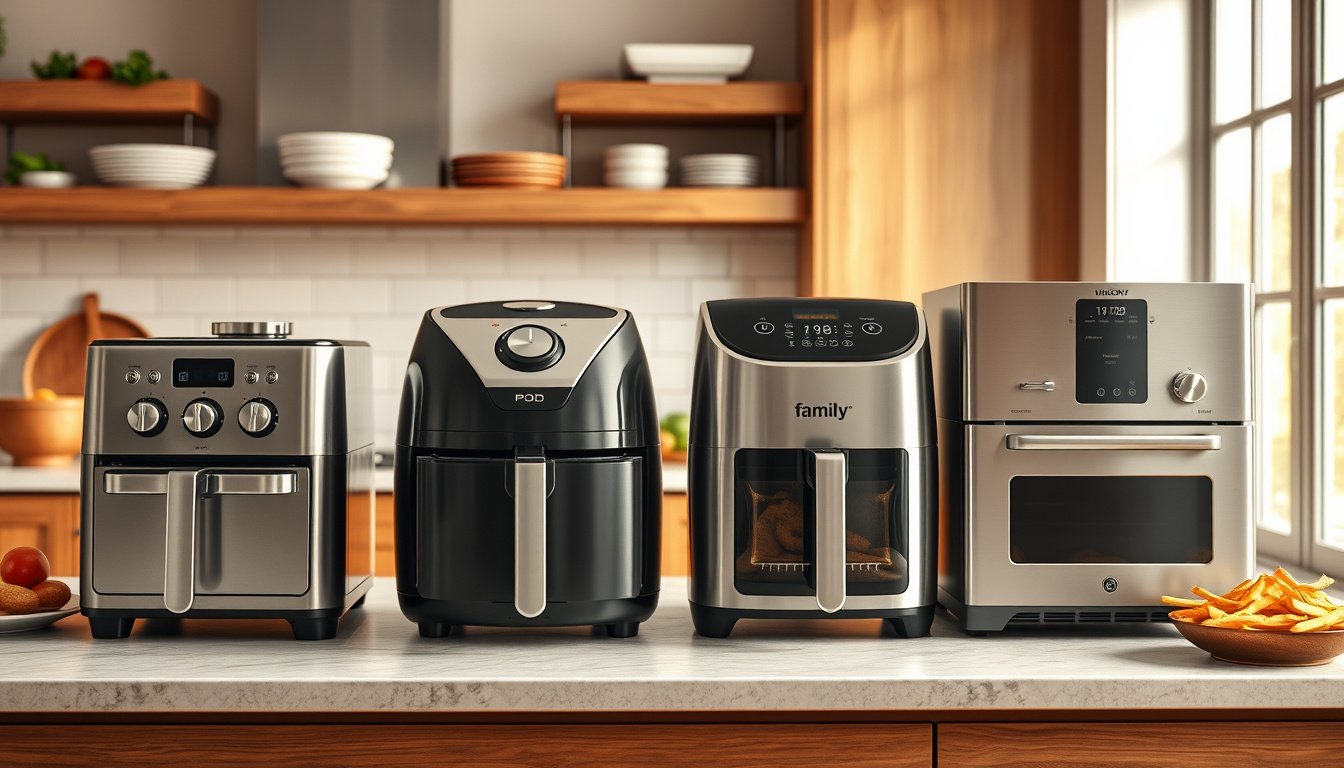 Stylish modern air fryers displayed on a contemporary kitchen counter