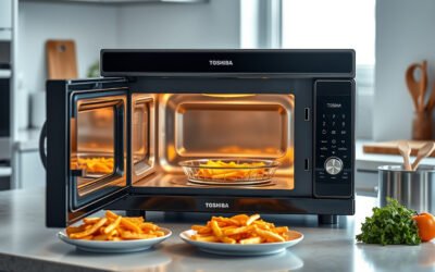 Toshiba-style air fryer microwave combo on a kitchen counter with crisp roasted food