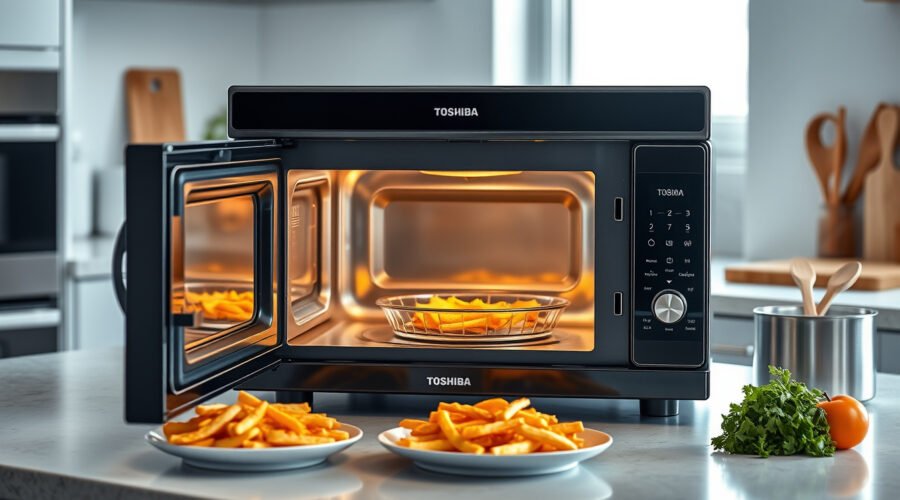 Toshiba-style air fryer microwave combo on a kitchen counter with crisp roasted food